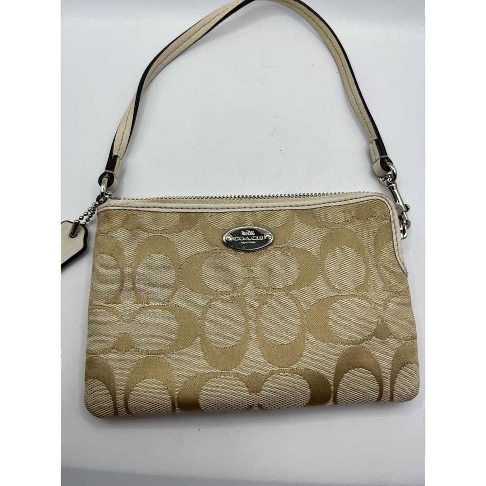 Coach Signature Canvas‎ Wristlet Pouch Beige Tan Leather Trim Charm